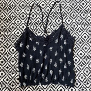 LA Hearts Patterned Cropped Tie Tank with Lace Detail